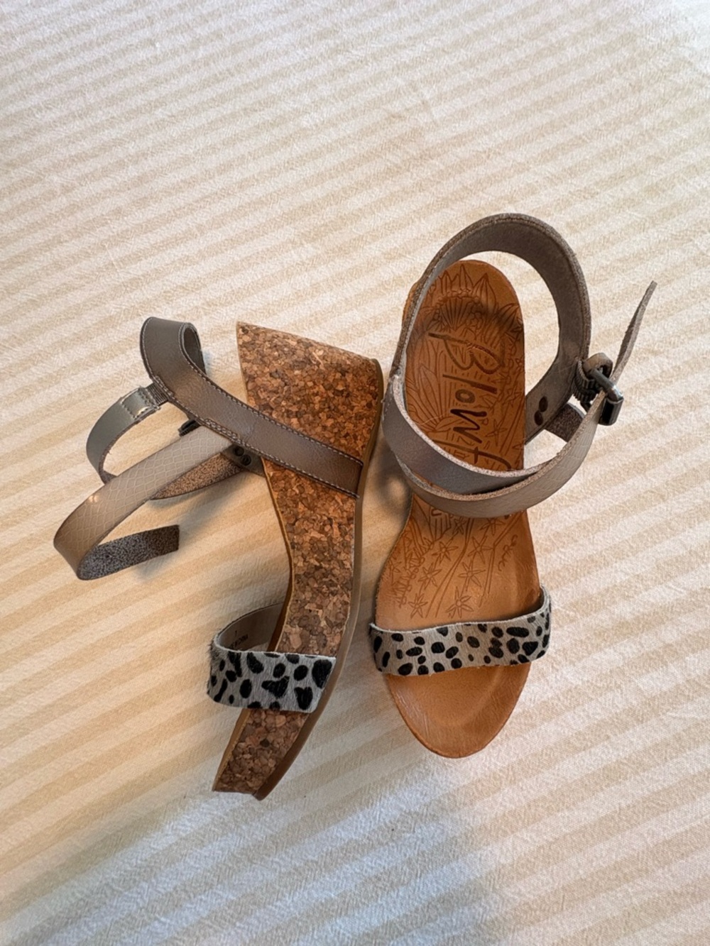 Blowfish Gray Wedge Sandals with Leopard-Print Strap
